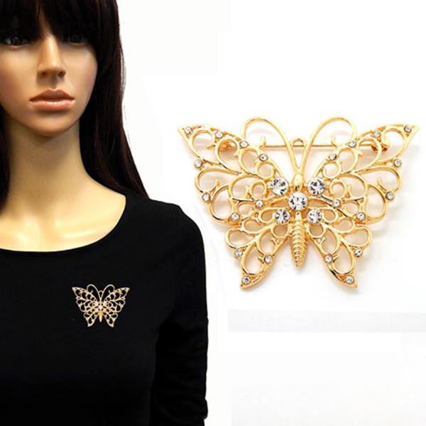 METAL RHINESTONE BUTTERFLY ORNATE BROOCH