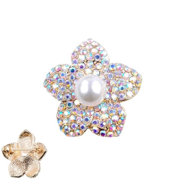 METAL RHINESTONE PEARL FLOWER BROOCH