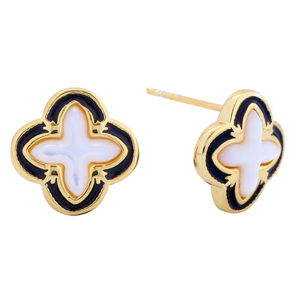 14K GOLD/WHITE GOLD DIPPED CLOVER OUTLINE STUD EARRINGS