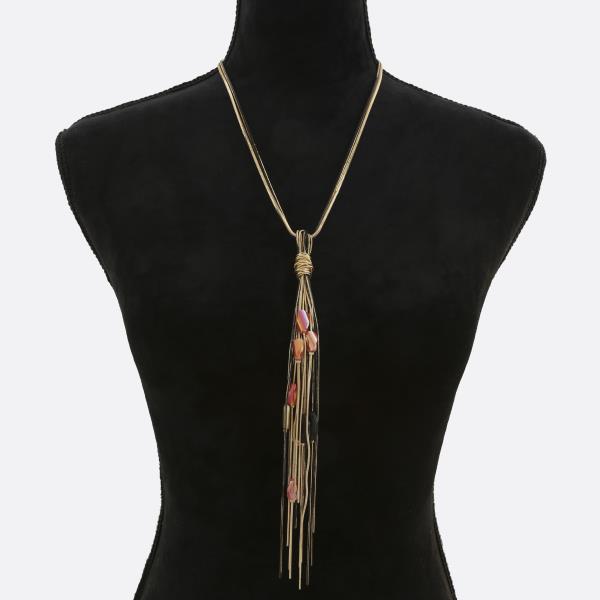 BEADED TASSEL CHAIN METAL NECKLACE