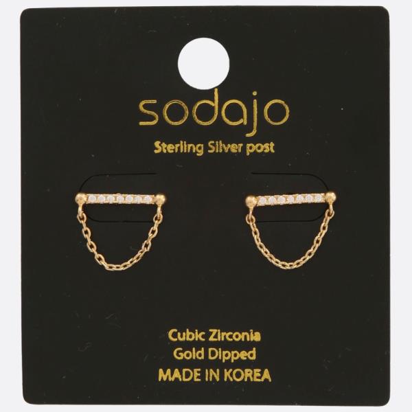 SODAJO CZ BAR CHAIN GOLD DIPPED STERLING SILVER POST EARRING