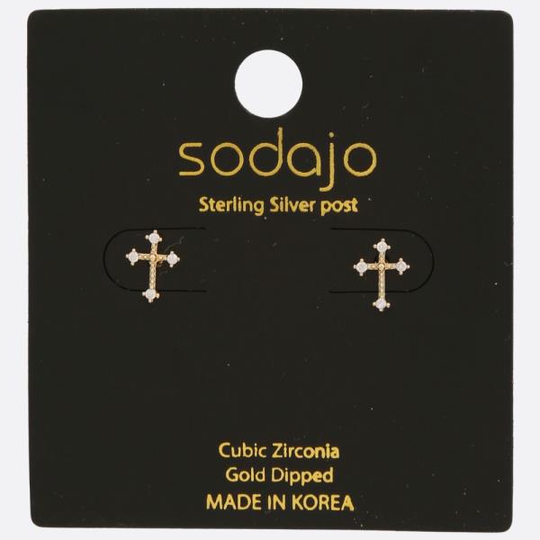 SODAJO CROSS CZ GOLD DIPPED STERLING SILVER POST EARRING