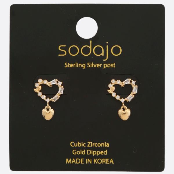 SODAJO DOUBLE HEART CZ GOLD DIPPED STERLING SILVER POST EARRING