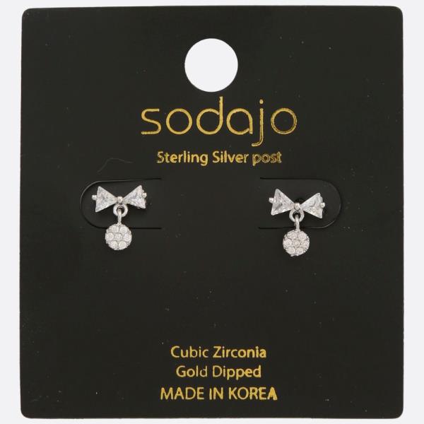 SODAJO RIBBON BOW CZ GOLD DIPPED STERLING SILVER POST EARRING