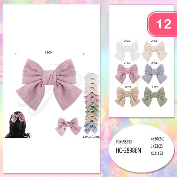 FABRIC SOLID LARGE BOW HAIR CLIP (12 UNITS)