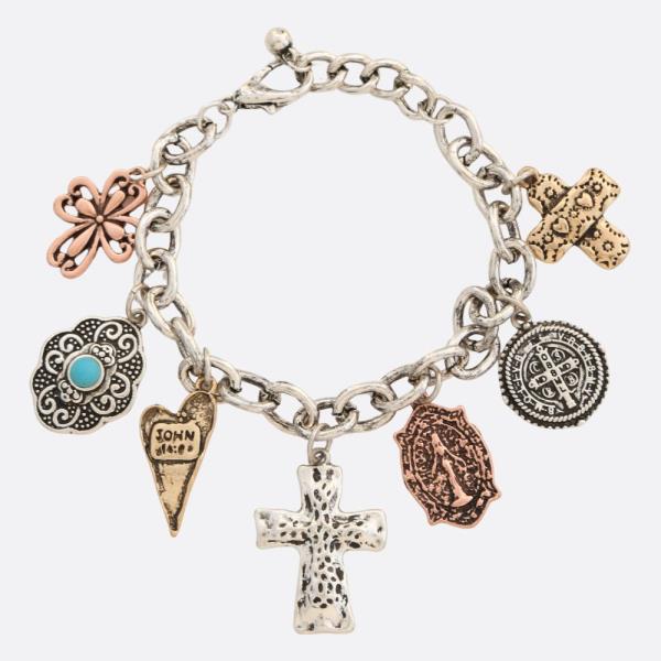 WESTERN STYLE CROSS MULTI CHARM METAL BRACELET