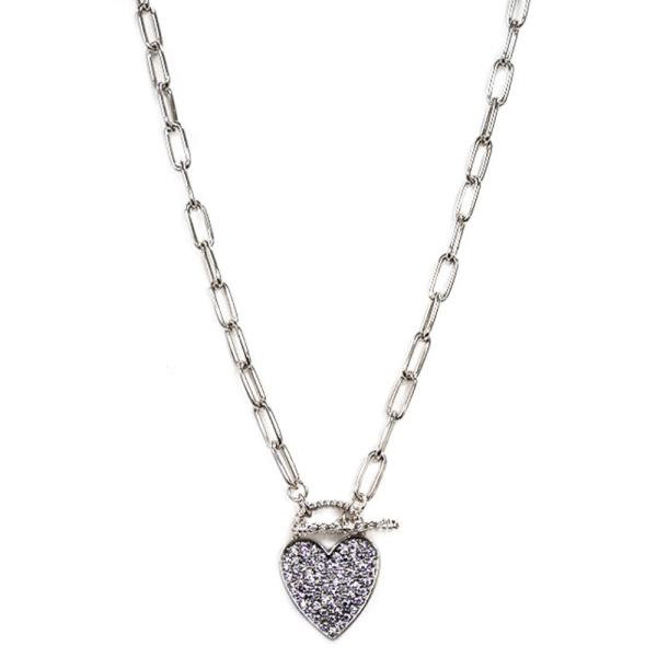 RHINESTONE HEART TOGGLE CLASP OVAL LINK METAL NECKLACE