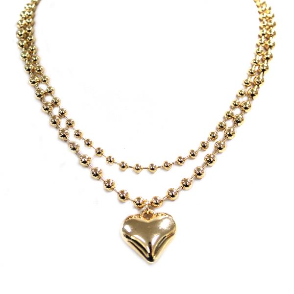 PUFFY HEART PENDANT BALL BEAD LAYERED NECKLACE