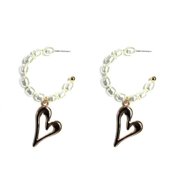 HEART CHARM PEARL BEAD OPEN HOOP EARRING