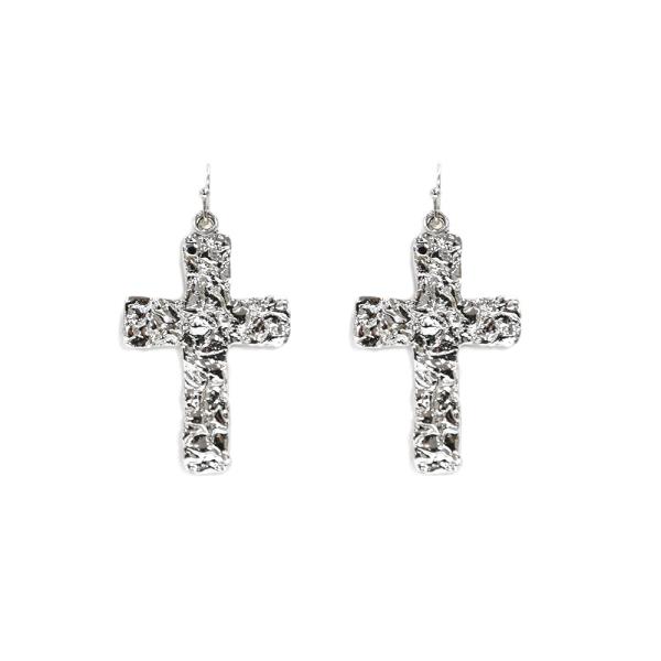 TEXTURED CROSS METAL DANGLE EARRING