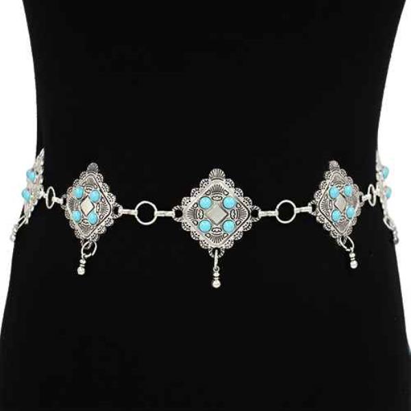 METAL LINK DIAMOND CONCHO ENGRAVED DROP BEADS WESTERN CHAIN BELT