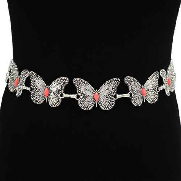 METAL LINK BUTTERFLY CONCHO ENGRAVED STONE WESTERN CHAIN BELT