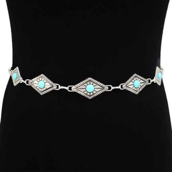 METAL LINK DIAMOND CONCHO ENGRAVED STONE WESTERN CHAIN BELT