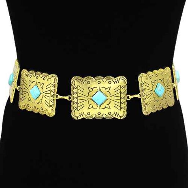 WESTERN METAL ENGRAVED RECTANGLE CONCHO CHAIN BELT WITH GEMSTONE