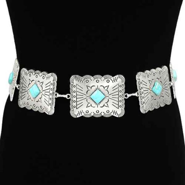 WESTERN METAL ENGRAVED RECTANGLE CONCHO CHAIN BELT WITH GEMSTONE