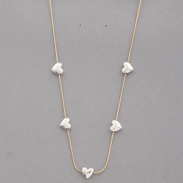 TWO TONE HEART STATION LINK METAL NECKLACE