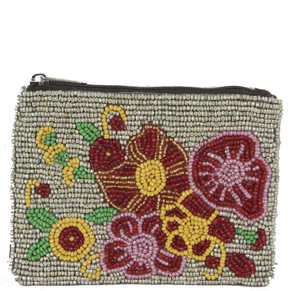 SEED BEADED FLOWER ZIPPER COIN PURSE BAG