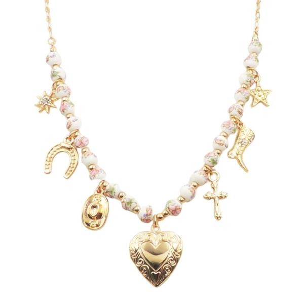 CERAMIC BEAD HEART WESTERN CHARM NECKLACE