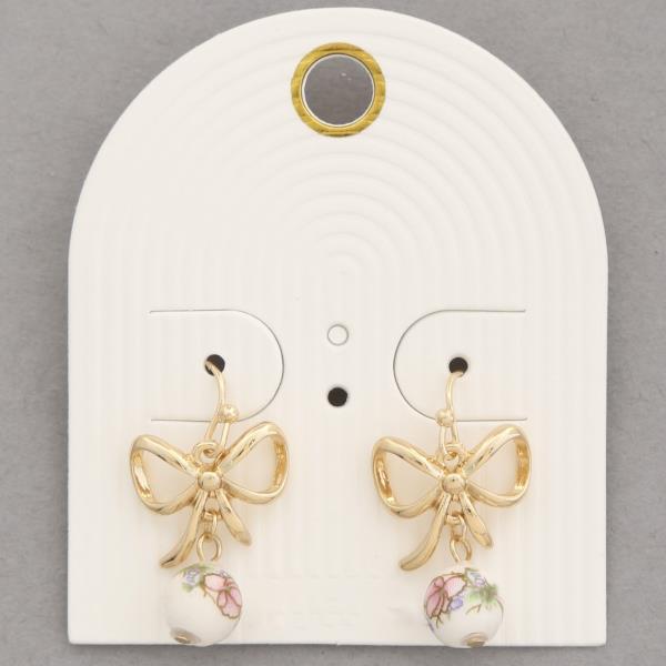 RIBBON BOW CERAMIC BEAD DANGLE EARRING