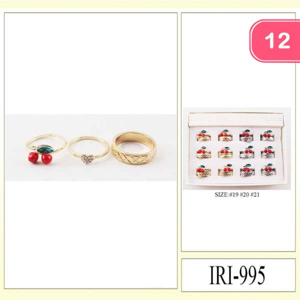 METAL RHINESTONE CHERRY STACKABLE RING SET (12 UNITS)