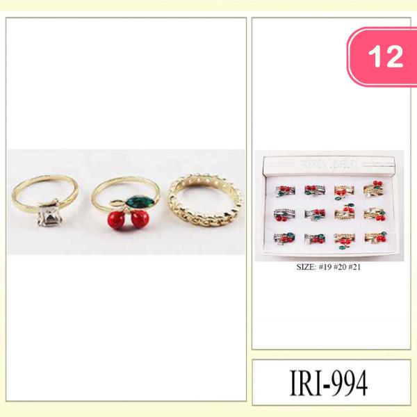 METAL RHINESTONE CHERRY STACKABLE RING SET (12 UNITS)