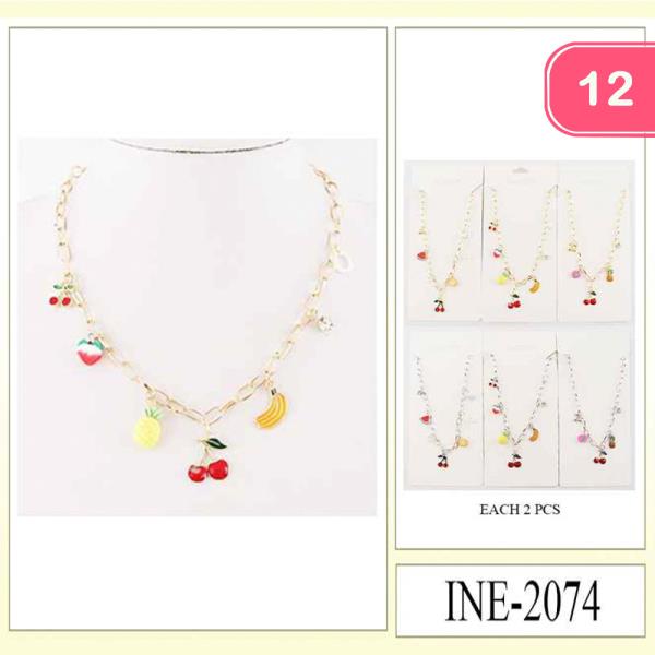 METAL CHERRY STRAWBERRY PINEAPPLE BANANA CHARM NECKLACE (12 UNITS)