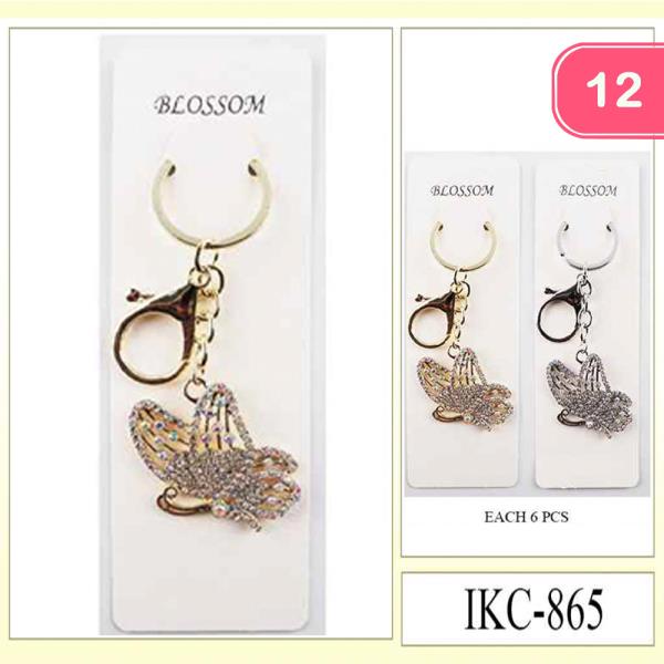 METAL RHINESTONE BUTTERFLY ORNATE TEXTURED DROP KEYCHAIN (12 UNITS)