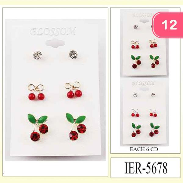 METAL CHERRY STUD AND DANGLE EARRINGS SET (12 UNITS)