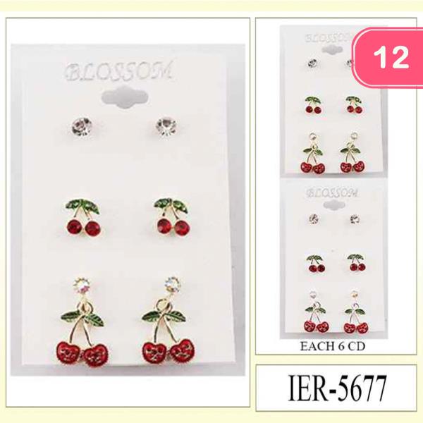 METAL CHERRY STUD AND DANGLE EARRINGS SET (12 UNITS)