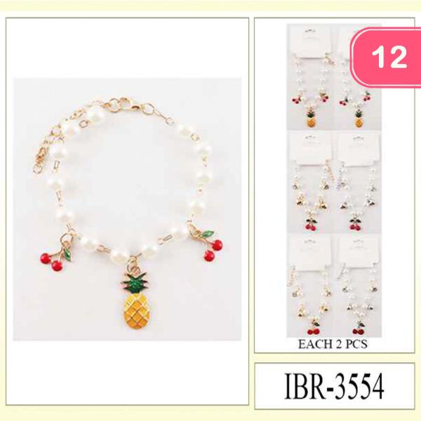 METAL PEARL ENAMEL PINEAPPLE CHERRY FRUIT CHARM LINK DANGLE BRACELET (12 UNITS)