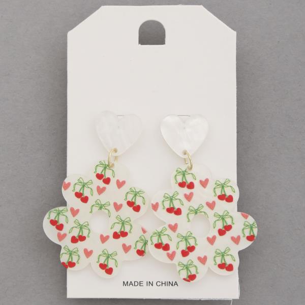 FLOWER HEART CHERRY PATTERN DANGLE EARRING