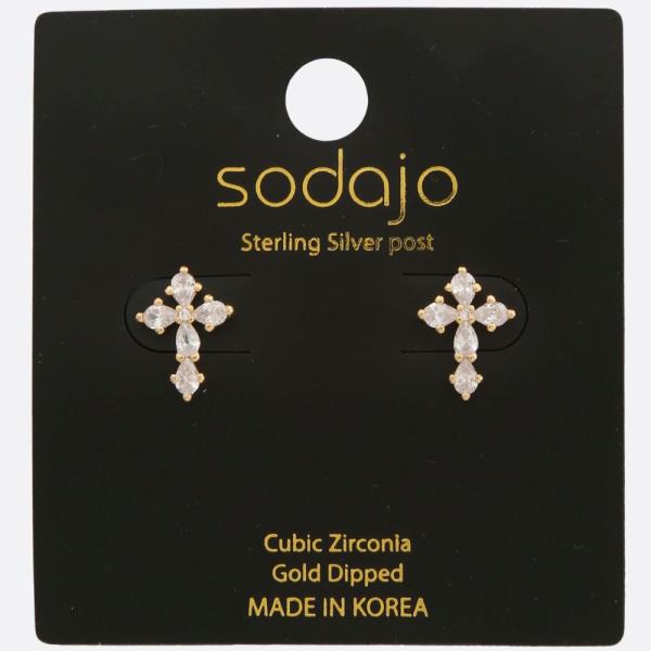 SODAJO CROSS CZ GOLD DIPPED STERLING SILVER POST EARRING