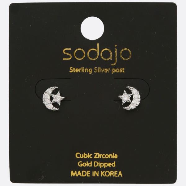 SODAJO MOON STAR CZ GOLD DIPPED STERLING SILVER POST EARRING