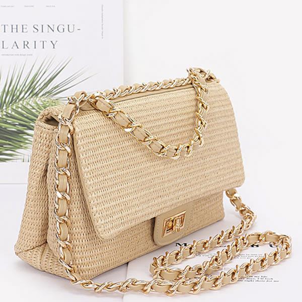 FAUX STRAW FLAP BAG