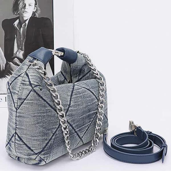 QUILTED WASHED DENIM SHOULDER CHAIN CROSSBODY BAG