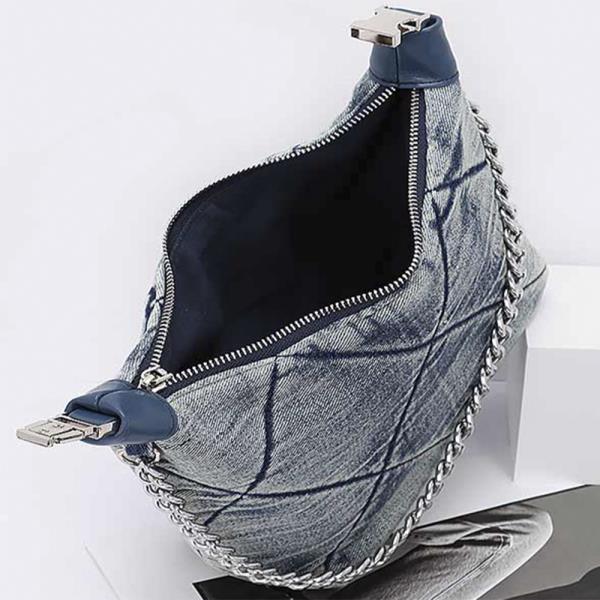 QUILTED WASHED DENIM SHOULDER CHAIN CROSSBODY BAG