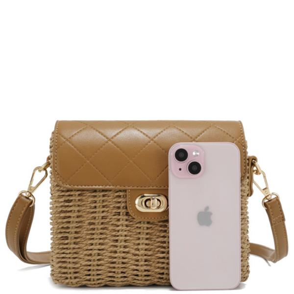 QUILTED STRAW TWIST CROSSBODY BAG