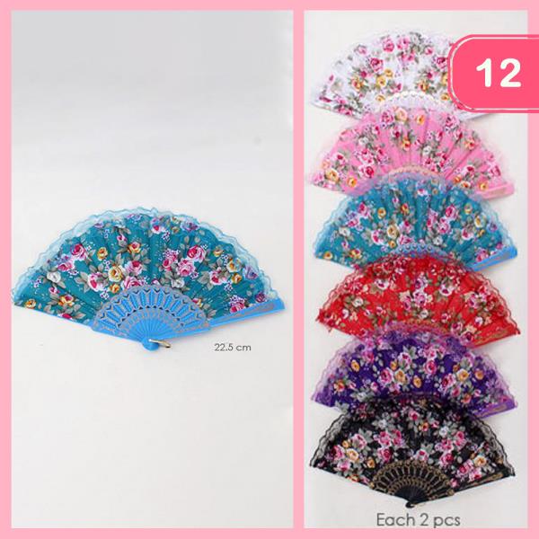 PLASTIC LACE HAND FAN FLORAL PRINT SCALLOPED EDGE (12 UNITS)