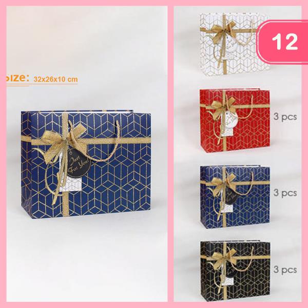 PAPER GIFT BAG GEOMETRIC PATTERN GOLD RIBBON HANDLE (12 UNITS)