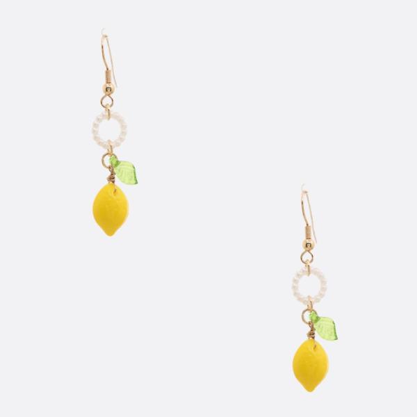 DAINTY LEMON CHARM PEARL RING DANGLE EARRING