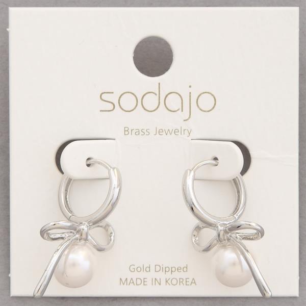 SODAJO RIBBON BOW PEARL BEAD HUGGIE GOLD DIPPED EARRING