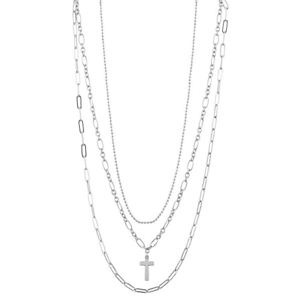 DAINTY CROSS CHARM OVAL LINK METAL LAYERED NECKLACE