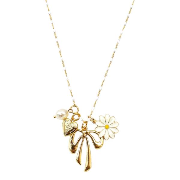 RIBBON BOW FLOWER CHARM NECKLACE