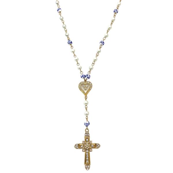 PEARL CERAMIC CROSS CHARM Y SHAPE NECKLACE