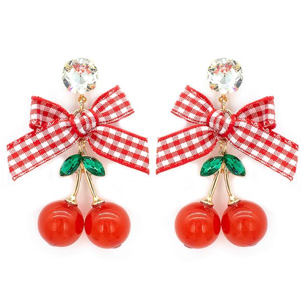 METAL RHINESTONE BOW CHERRY DROP EARRINGS