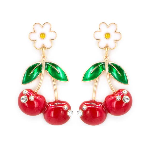 METAL DAISY CHERRY DROP EARRINGS