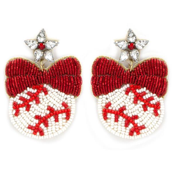 SEED BEADED BASEBALL STAR BOW DROP EARRINGS