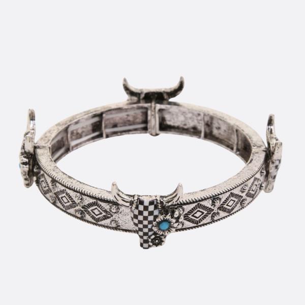 WESTERN STYLE CATTLE HEAD CHECKERED PATTERN STRETCH BRACELET