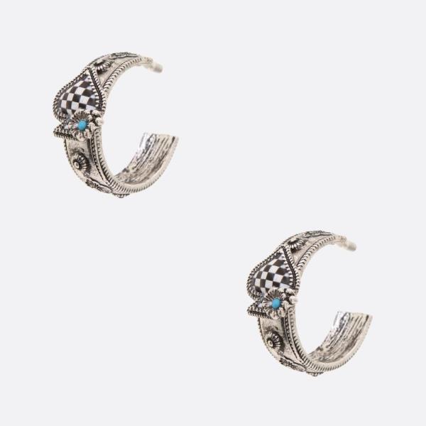 WESTERN STYLE SEMI STONE SPADE CHECKERED PATTERN OPEN HOOP EARRING