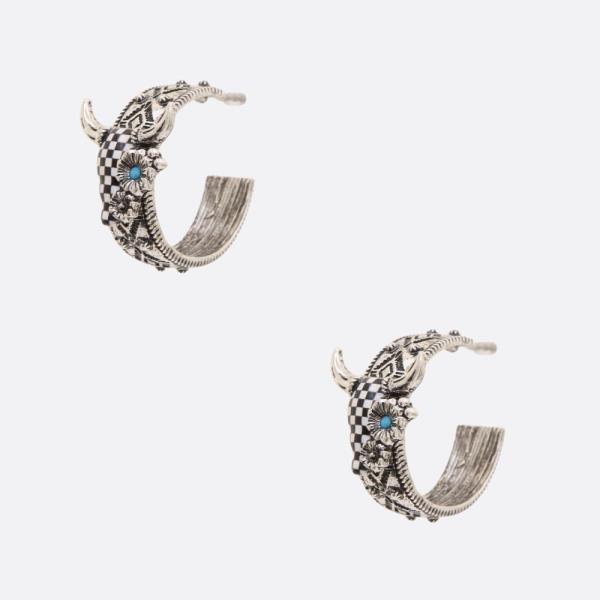 WESTERN STYLE SEMI STONE CATTLE HEAD CHECKERED PATTERN OPEN HOOP EARRING